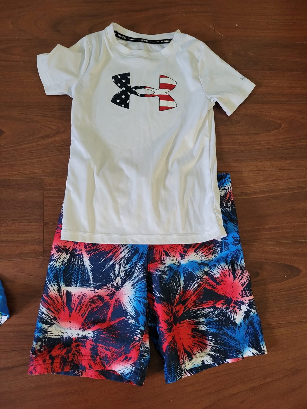 Under Armour Boys White Tee with American Flag Logo & Patriotic Swim Shorts